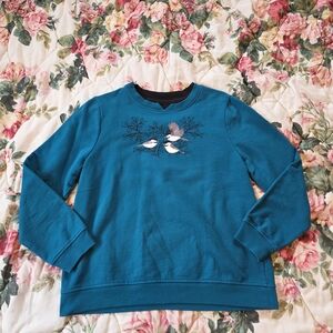 Breckenridge Teal Bird Embroidered Crewneck M | Cottagecore Nature Sweatshirt